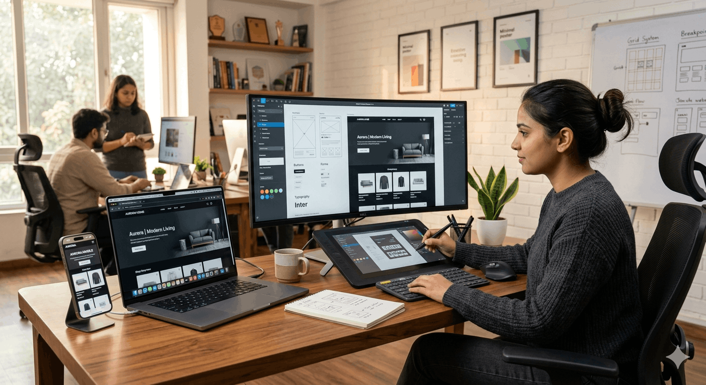 Modern web design workspace with responsive website layouts on devices